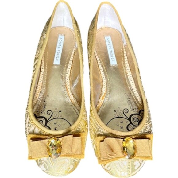 Lovely People Alpinia Brocade Ballet Flats, Ribbon Bow and Jewel - Gold/Tan - 9 - Picture 3 of 14